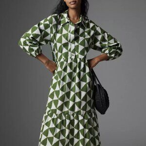 Anthropologie Maeve Bettina Tiered Shirt Dress Geometric Moss White Maxi Dress